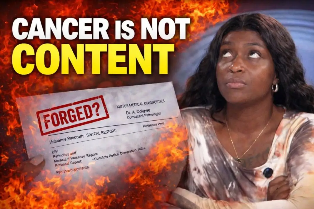 Graphic for story on Blessing CEO cancer controversy, NMA statement, and trust in medical documents in Nigeria