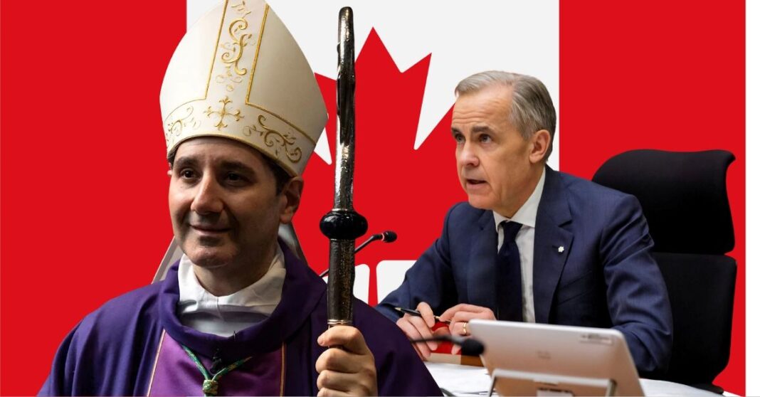 Composite image of Prime Minister Mark Carney and Archbishop Frank Leo : Canada MAID mental illness expansion.